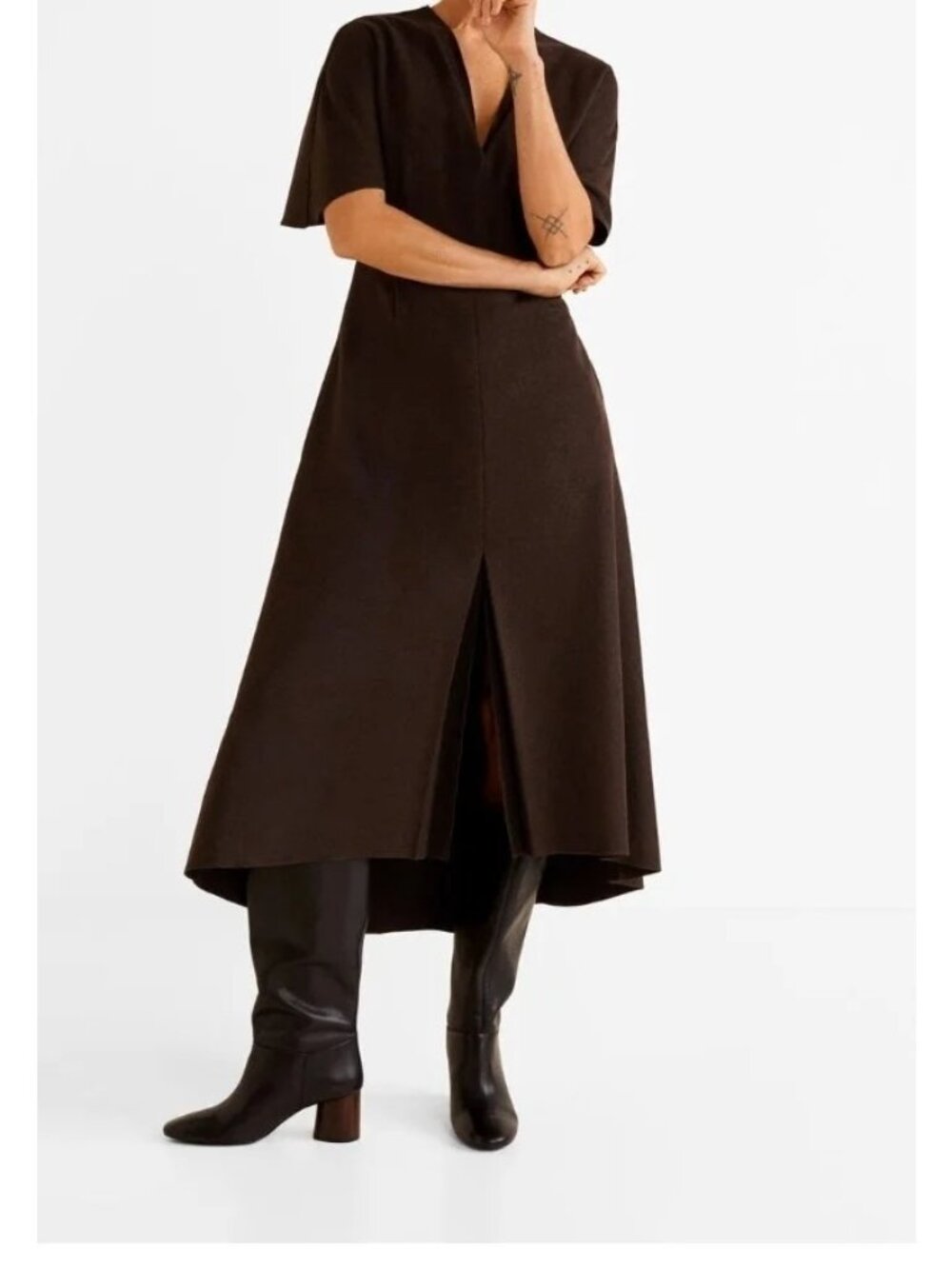 NWT MANGO Committed Collection LALA Brown Wool-Blend V-Neck Maxi Dress Size XL - Picture 3 of 14